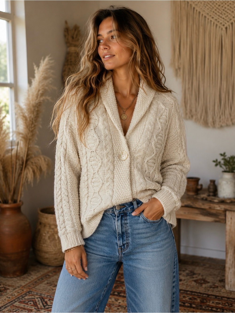 Inis Crafts 100% Merino Wool Cream Collar Cable Knit Cardigan Sweater